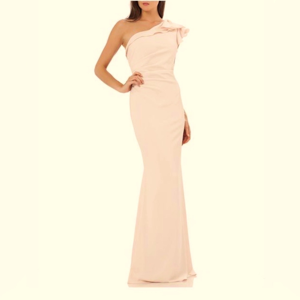 NWT! Carmen Marc Valvo Infusion Bluch color one-shoulder evening gown.